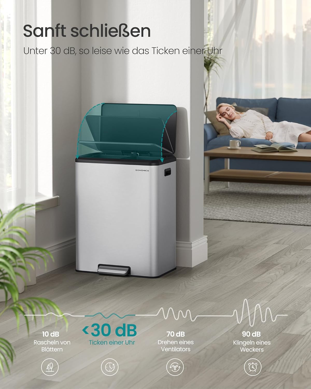 Mülltrennsystem mit Softclose-Deckel, metallicsilber / 2 x 30 L