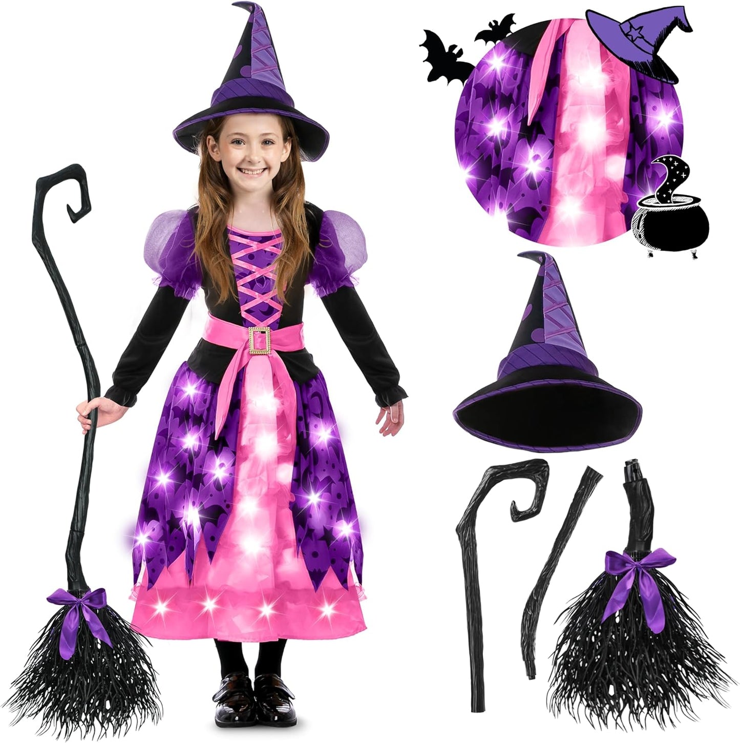 Hexenkostüm für Mädchen mit Leuchteffekt, Rosa Medium (8-10 yrs)