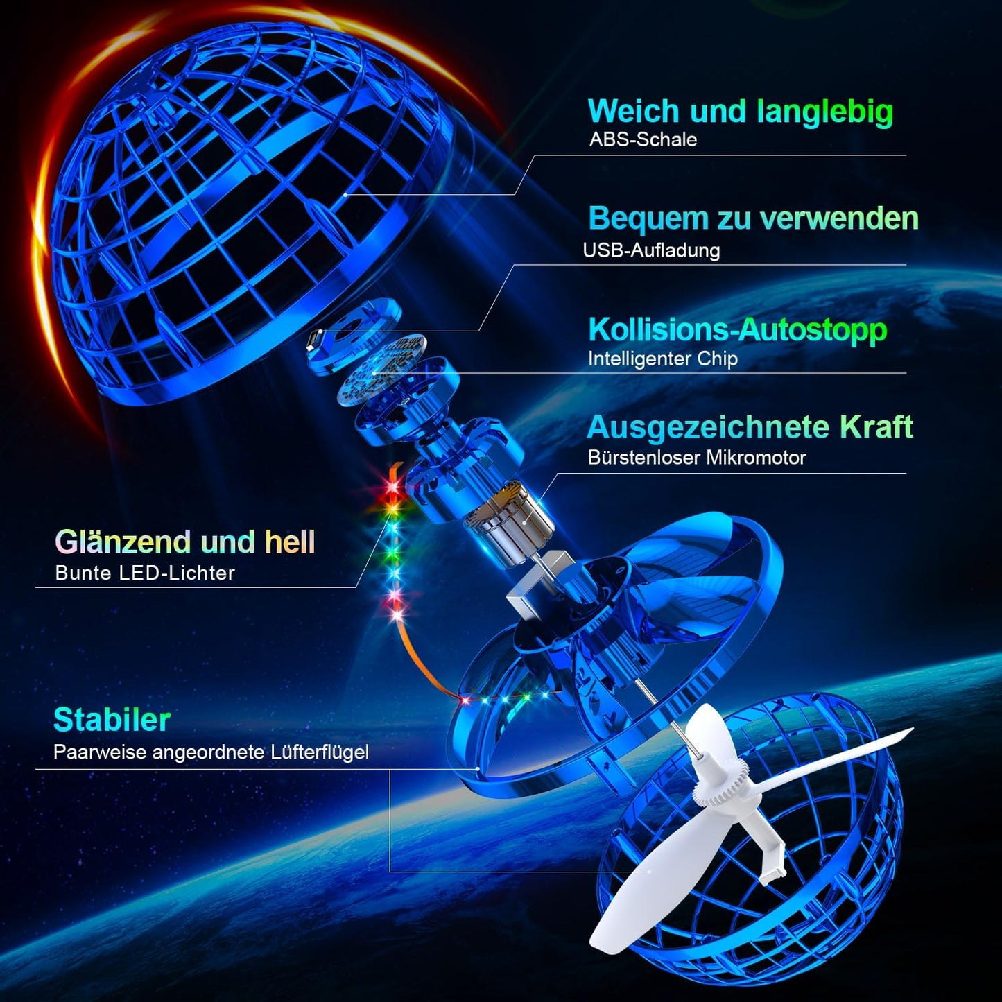 Fliegender LED-Magieball für Kinder, Blau