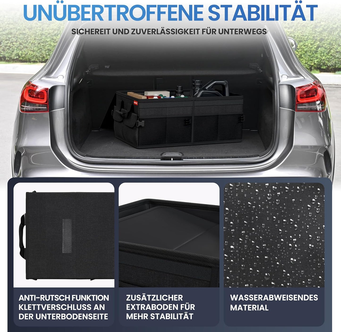 Faltbarer Kofferraum-Organizer mit Deckel, Schwarz mit Schwarzem Saum