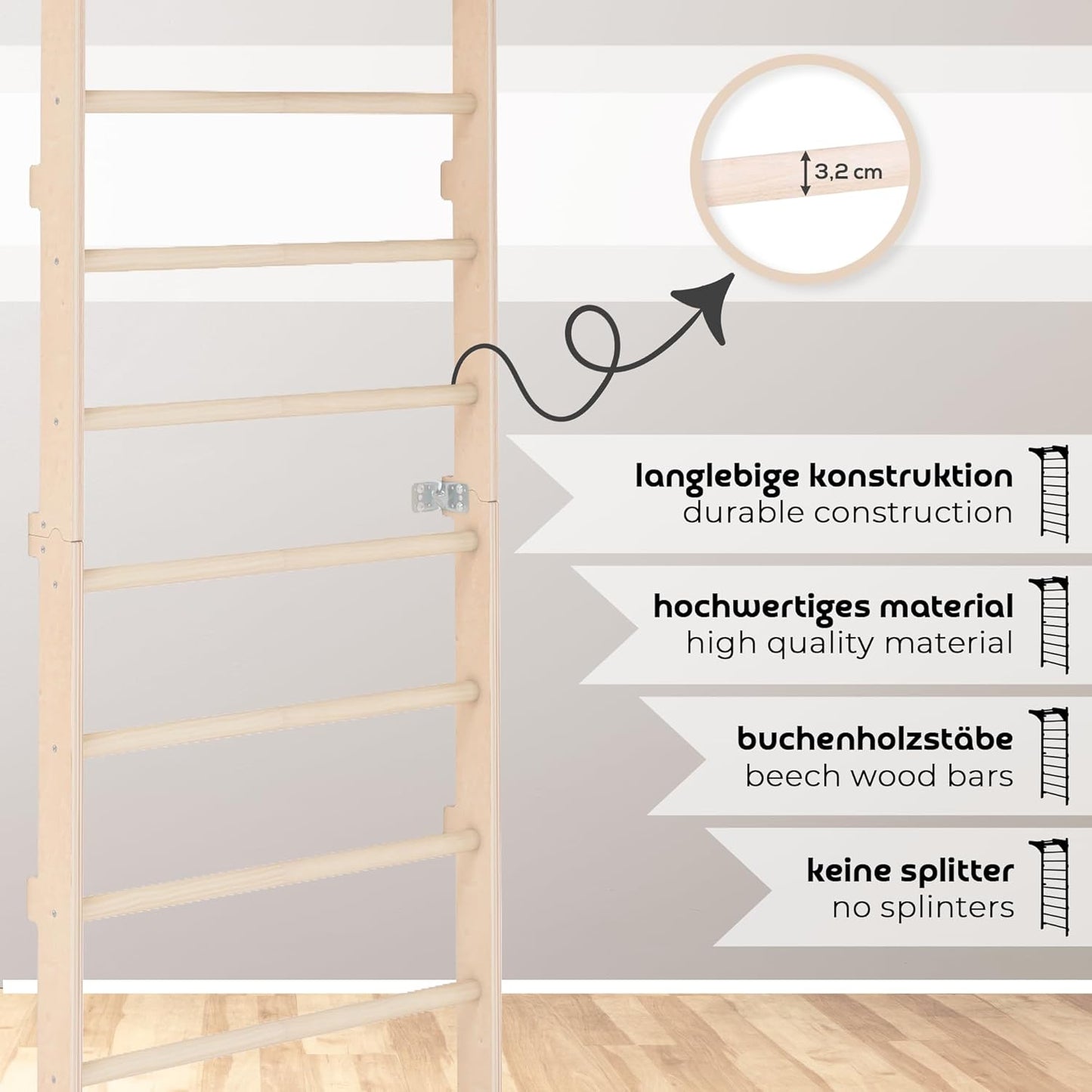 Sprossenwand mit Klimmzugstange, With Gym Rings + DIP