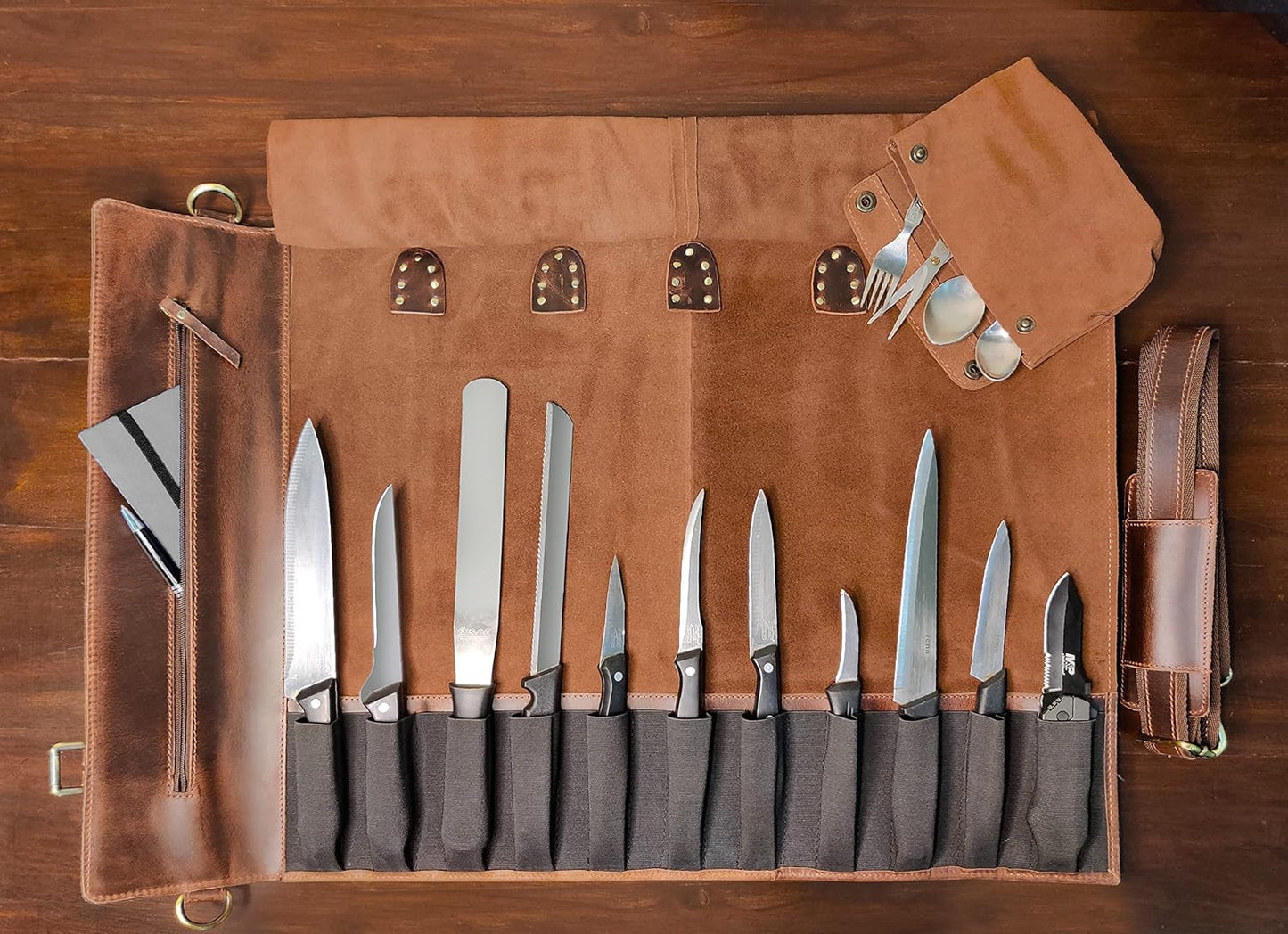 Leder Messerrolltasche, Walnussbraun