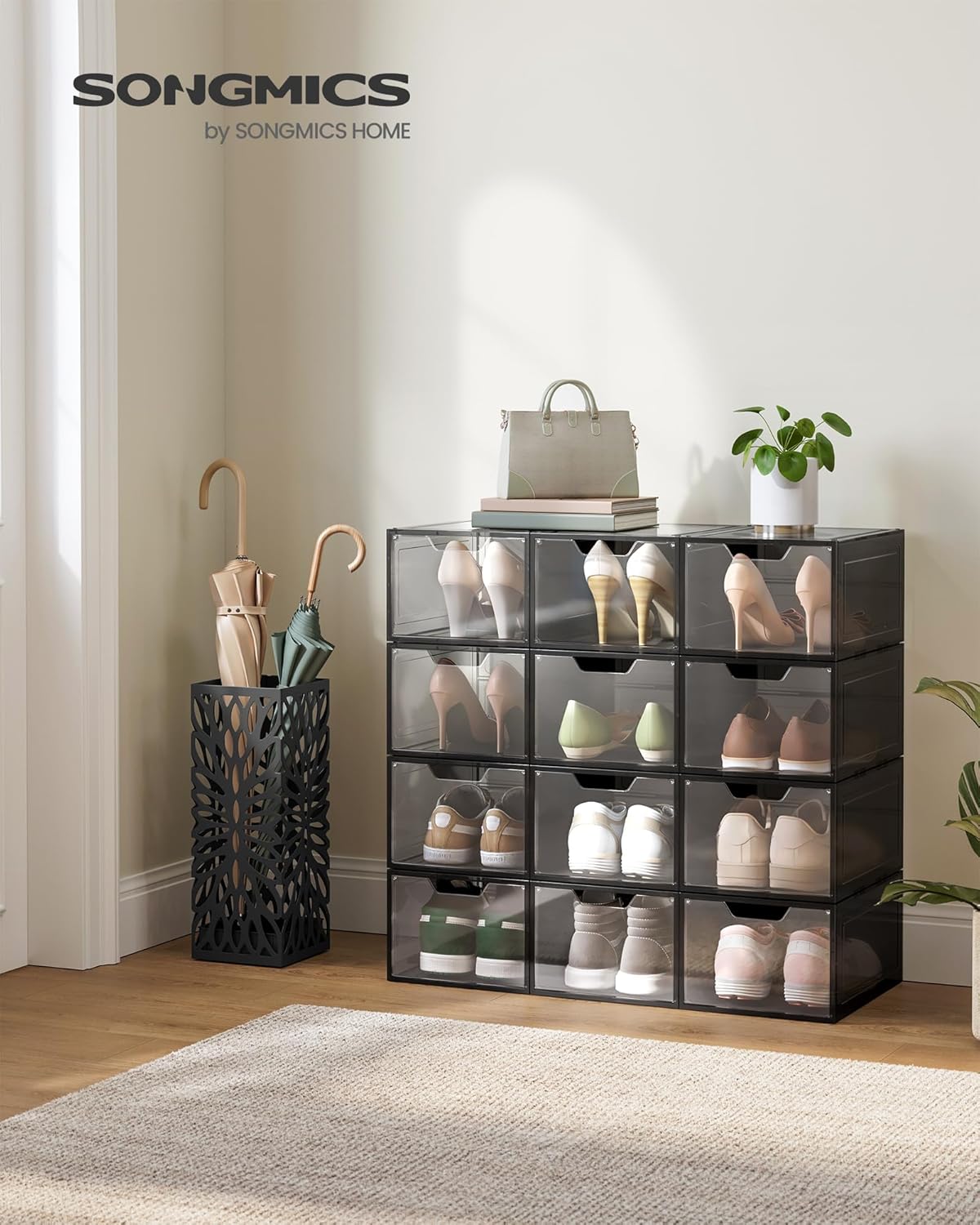 Schuh-Organizer Boxen-Set (12 Stück, stapelbar), Transparentes Schwarz 12