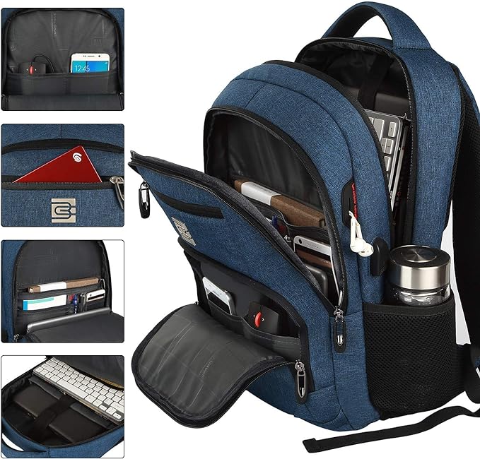 Laptop-Rucksack mit USB-Ladeanschluss, schwarz, 17,3 Pouces, Blau