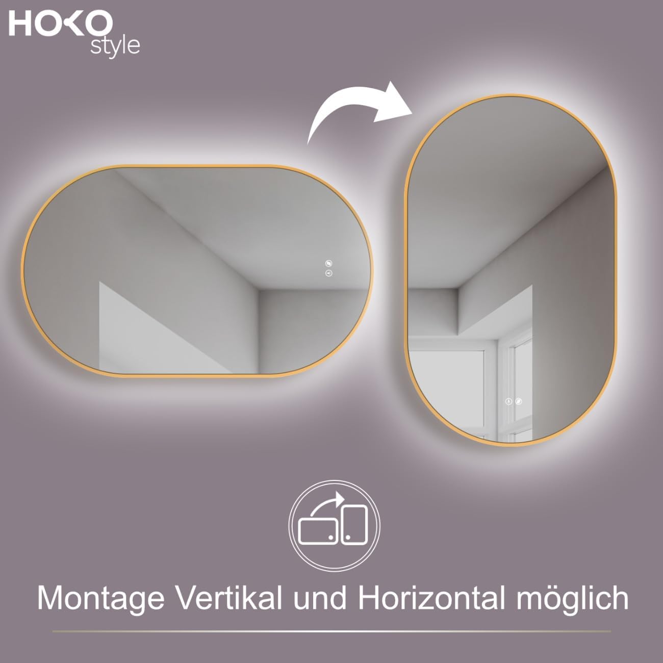 Ovaler LED Spiegel Tivoli mit Antibeschlagfunktion 60x100 cm, Gold-oval Antibeschlag 100L x 60B cm