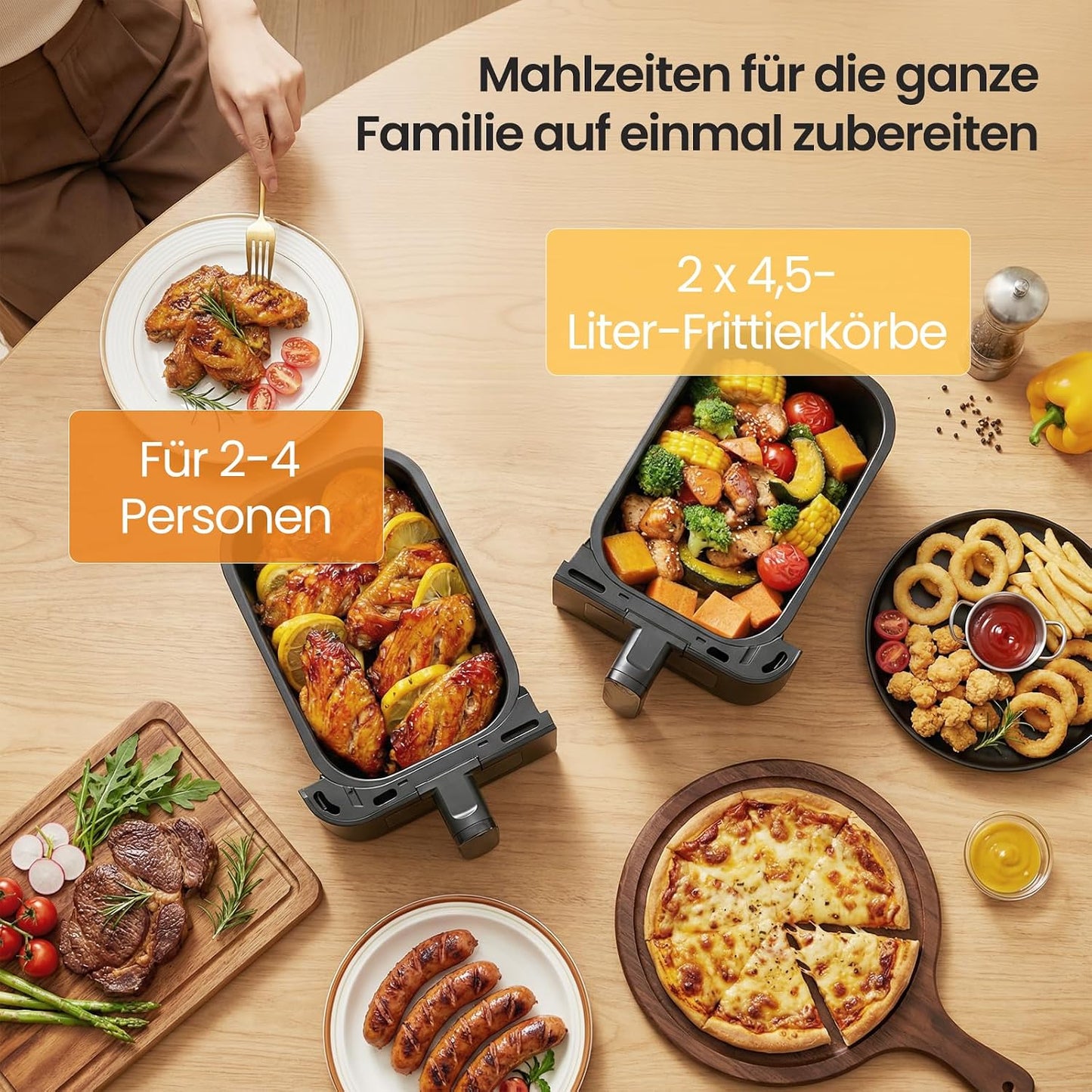 Doppelkammer Heissluftfritteuse, Schwarz 9L