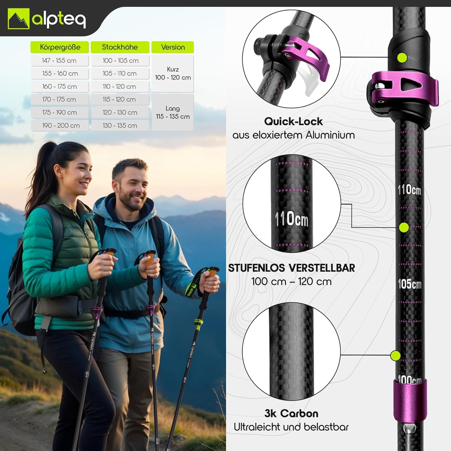 Faltbare Trekkingstöcke, Carbon 100-120 cm | Hot Pink