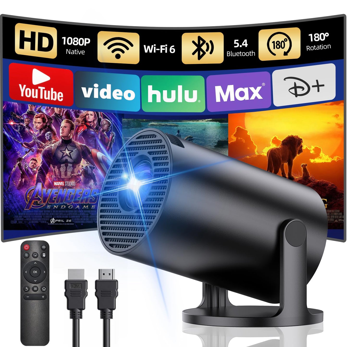 Mini Beamer ‎Y4PRO mit Wi-Fi6/Bluetooth, 1080P-Unterstützung, Schwarz