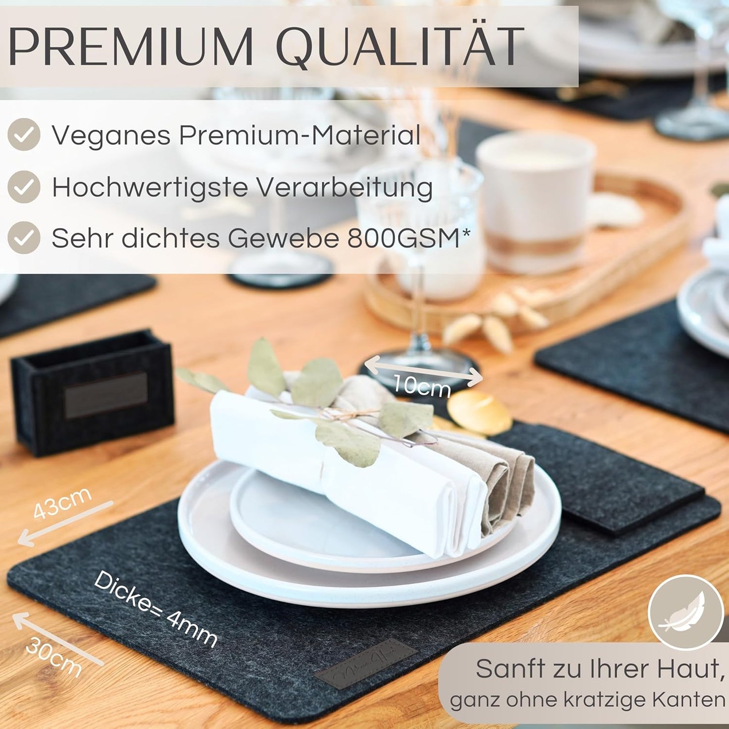 Filz Tischset mit Untersetzern und Bestecktaschen, Anthrazit-Weiss 6er Set mit Zubehör