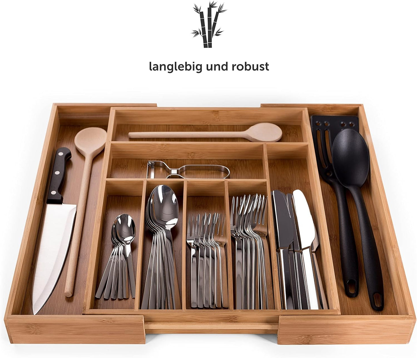 Bambus-Besteckkasten, Flexibel Groß - 7 bis 9 Fächer