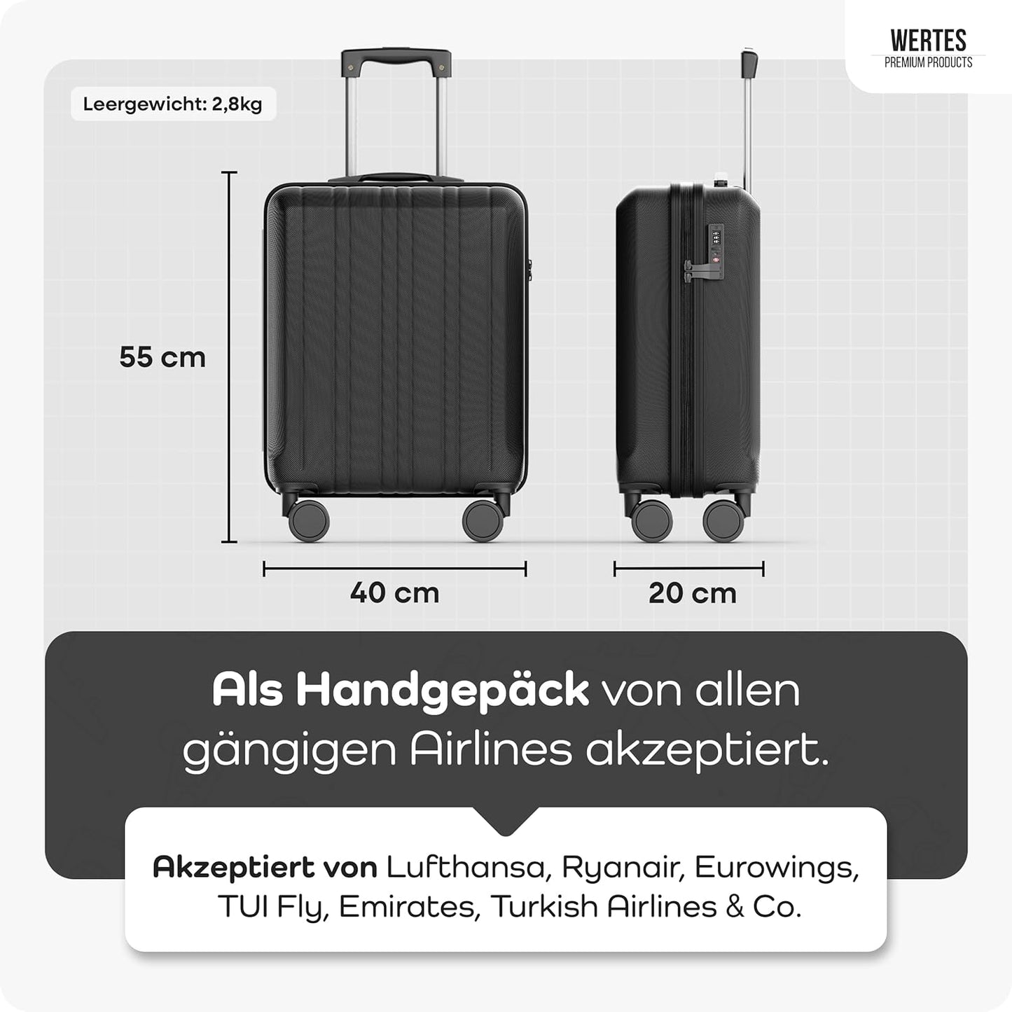 Handgepäck-Koffer, Handgepäck - 55x40x20cm Schwarz