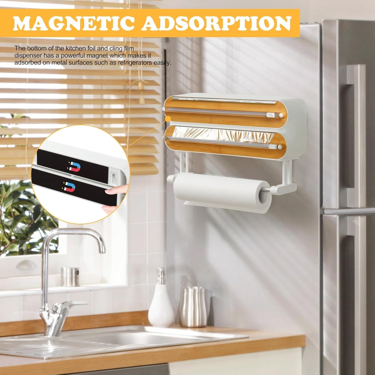 3-in-1 Frischhaltefolienspender mit Folienschneider und Küchenrollenhalter, Natur
