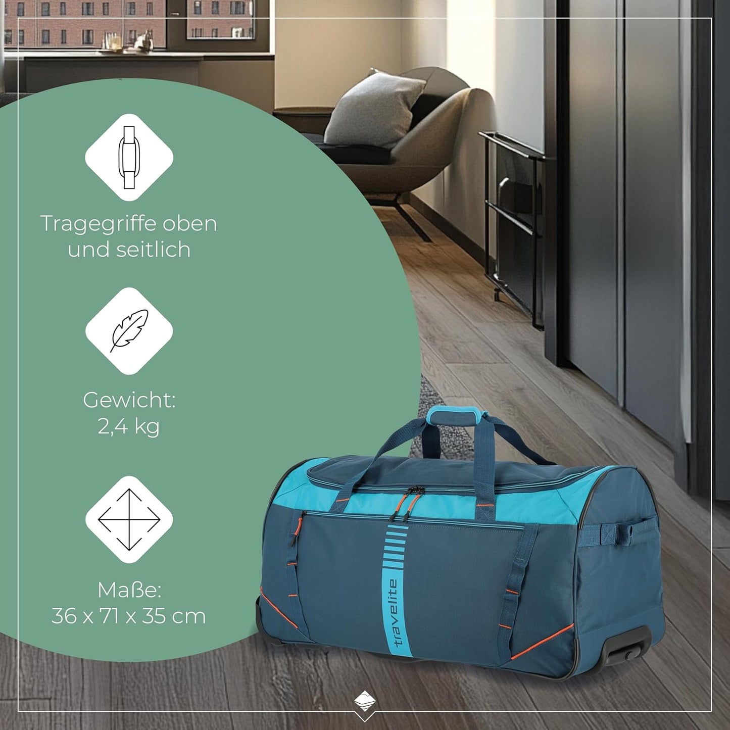 Reisetasche Basics mit Rollen, Petrol/Orange