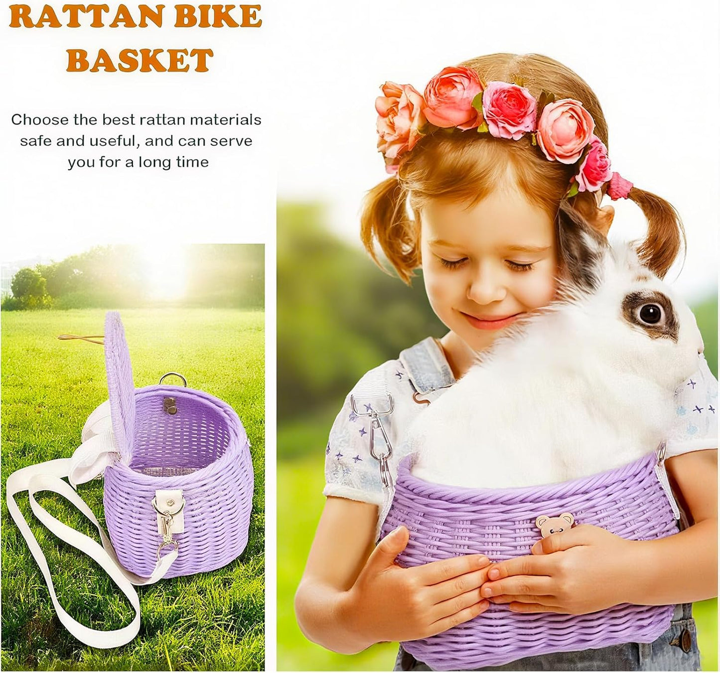 Abnehmbarer Kinderfahrradkorb, Rattan-Design, Violett