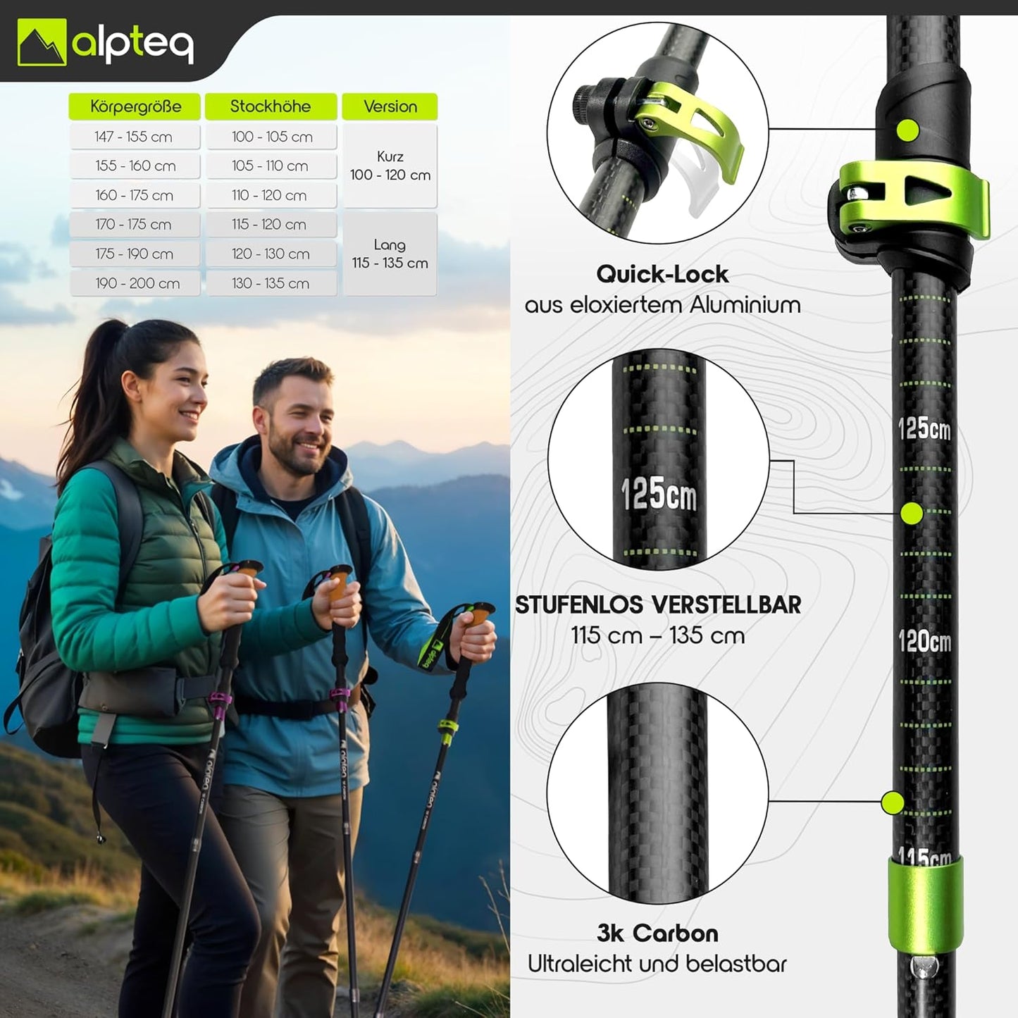 Faltbare Trekkingstöcke, Carbon 115-135 cm | Lime Green