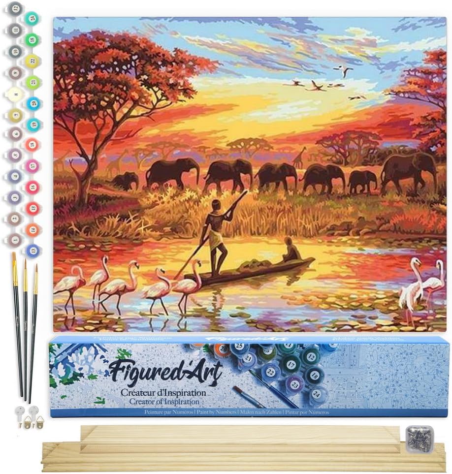 Malen nach Zahlen Set - Sonnenuntergang & Elefanten, Sonnenuntergang Elefanten 40x50cm Mit Keilrahmen (nicht gespannt)