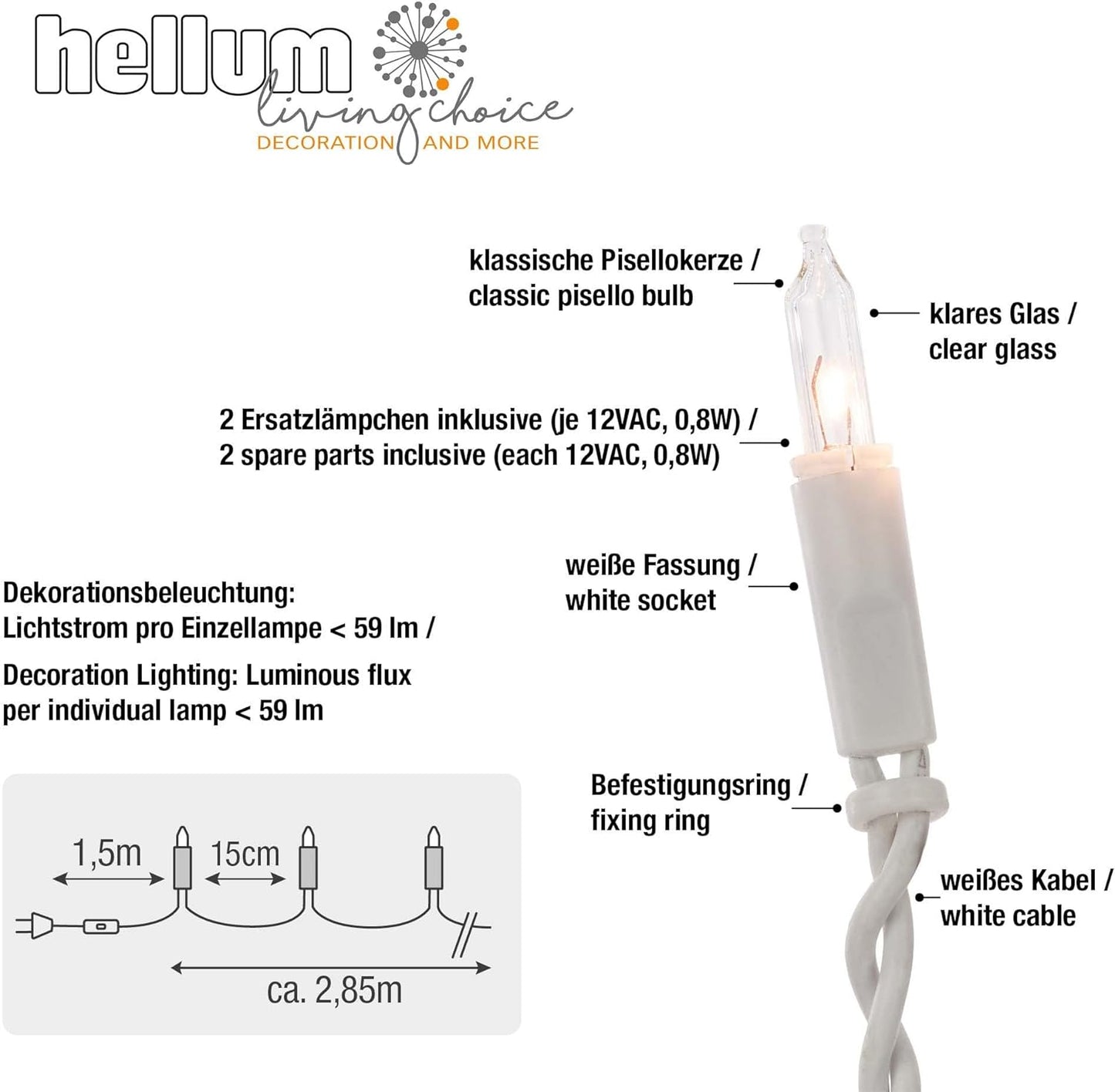 832051, Warmweiss / Schaft Weiss (Schalter), 20 Lichter/beleuchtet 285 cm