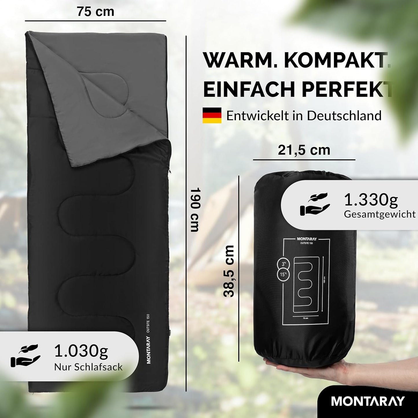 Deckenschlafsack mit Kissen, Schwarz 150GSM, ohne Kapuze