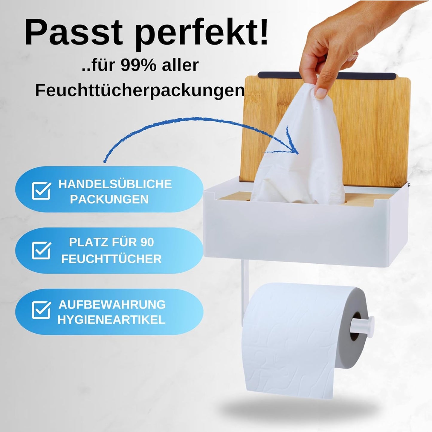 Toilettenpapierhalter mit Feuchttücherbox, Weiß-bambus