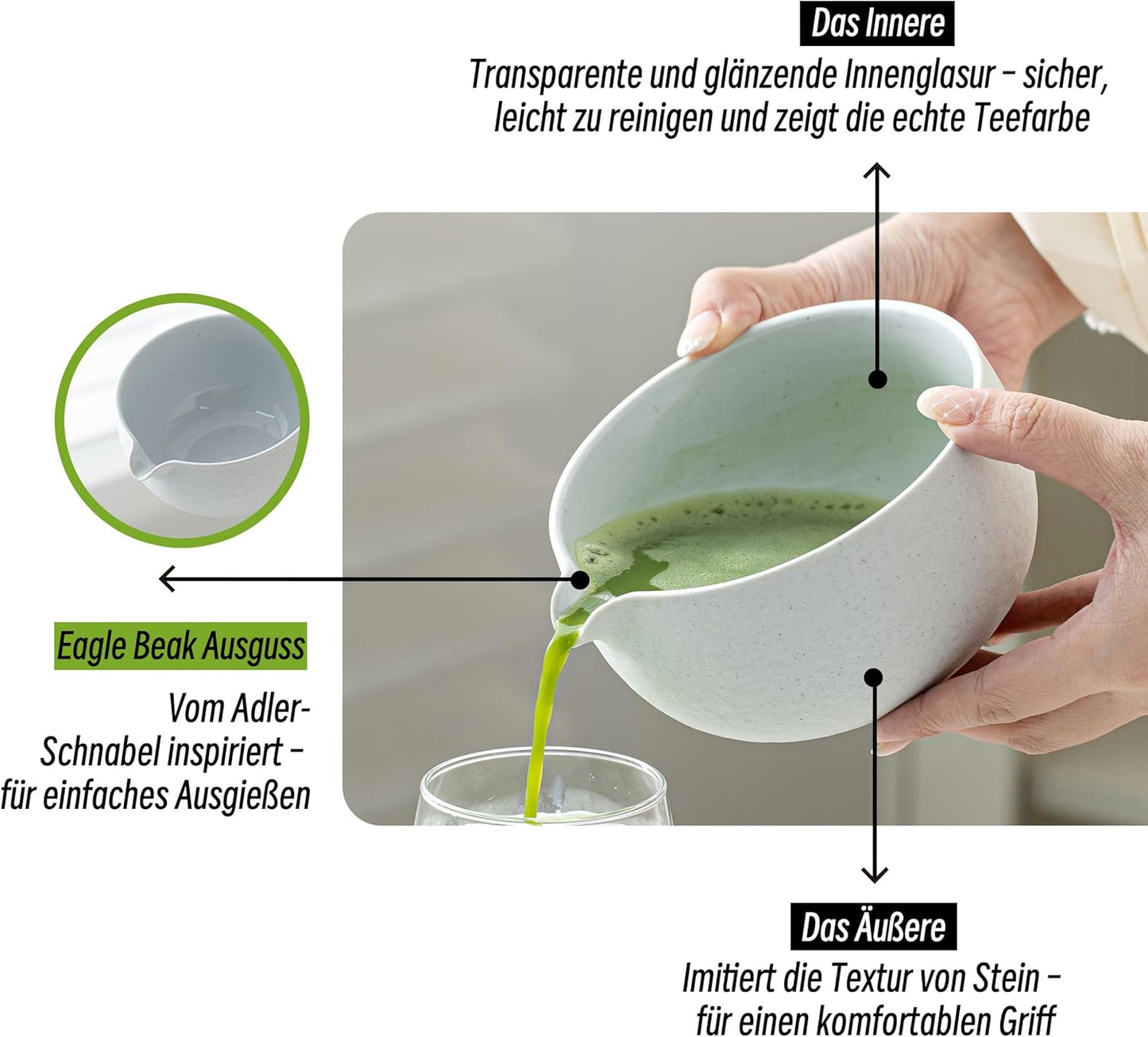 7-teiliges Matcha Tee-Set mit Schale und Besen, 7Stück/Set, Schüssel mit Ausgiesser Grau-lt.
