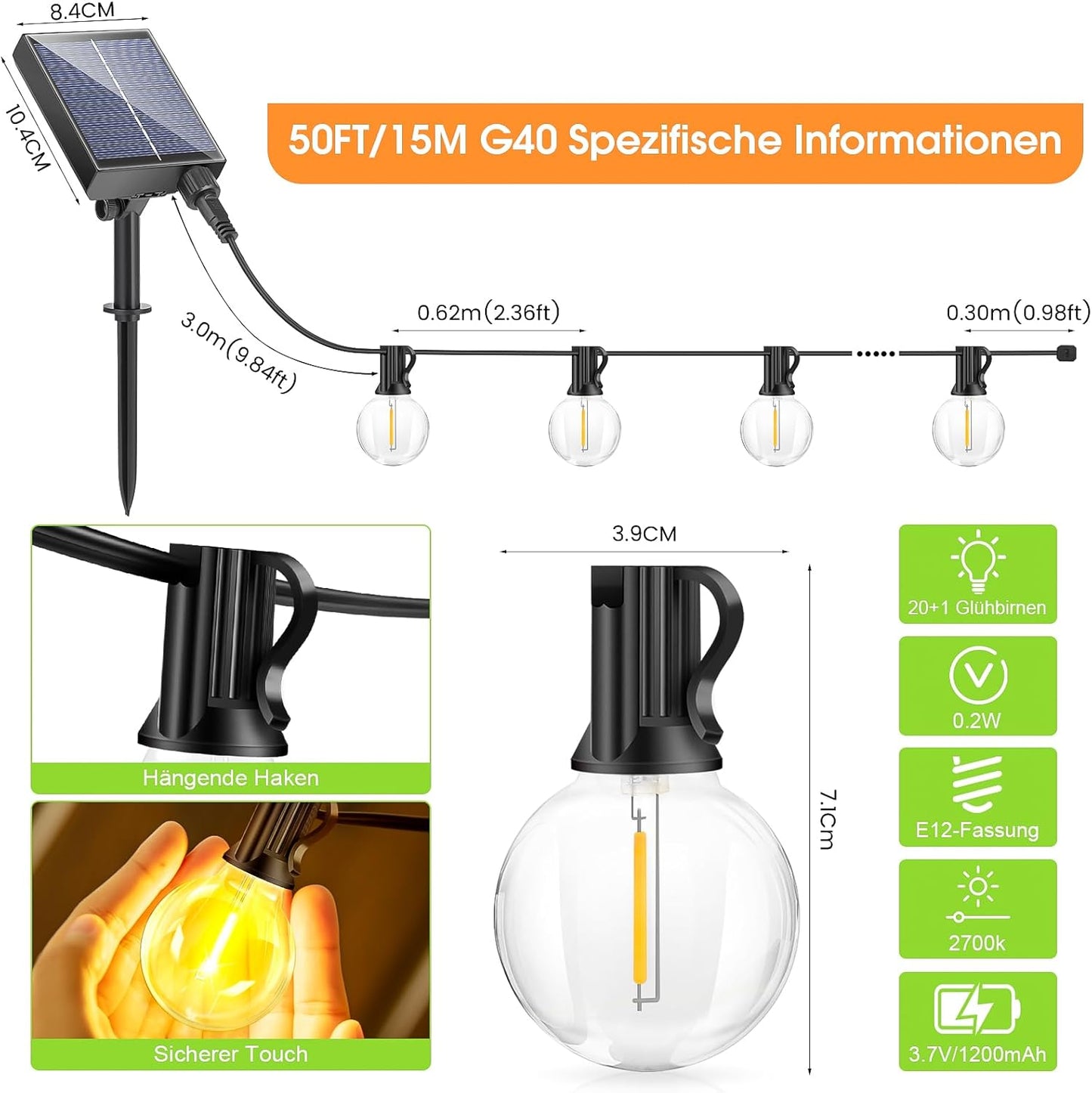Solar Lichterkette mit Fernbedienung und G40 Glühbirnen, 15M Solar