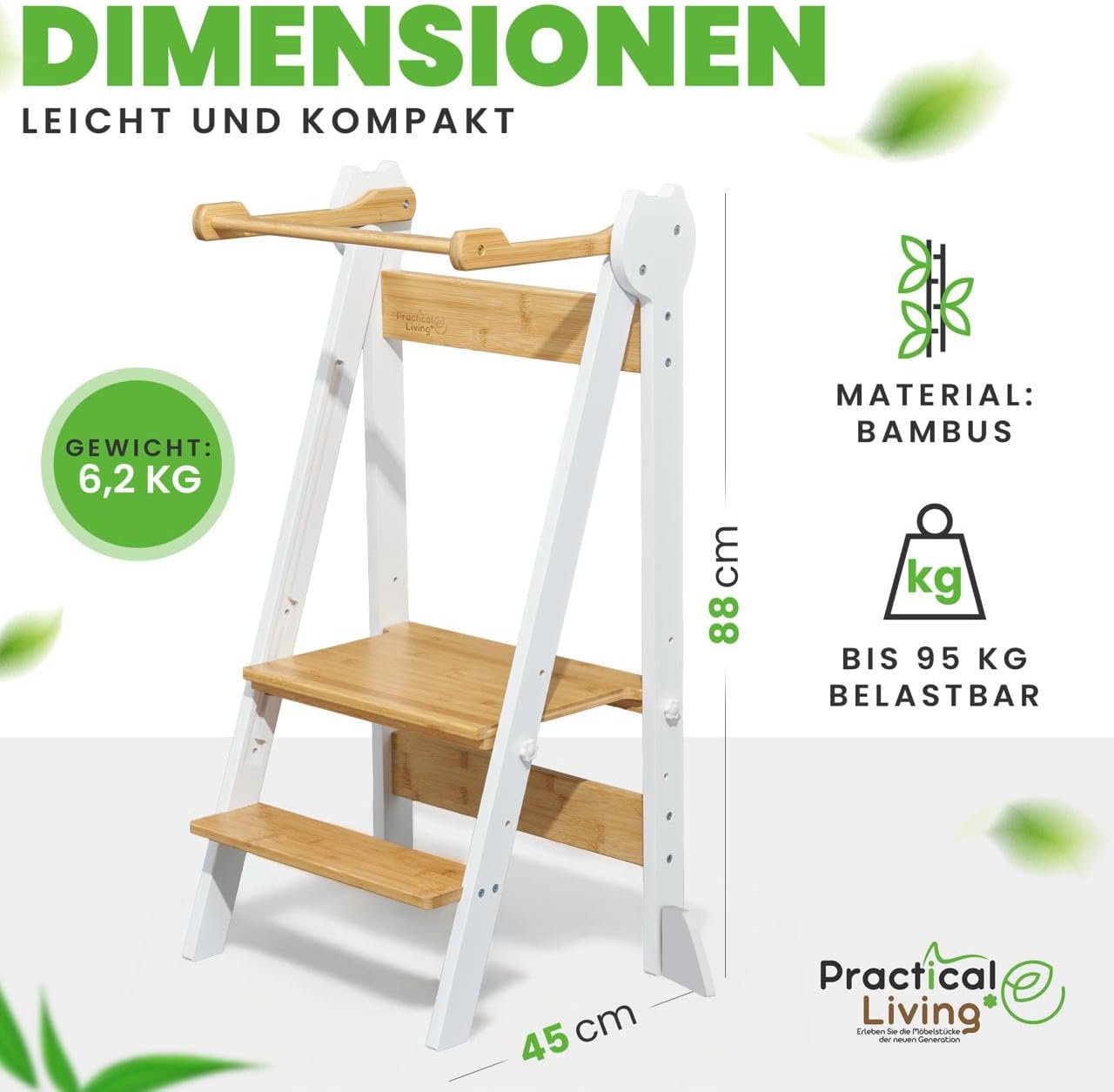 Lernturm höhenverstellbar, klappbar, Weiss / Bambus