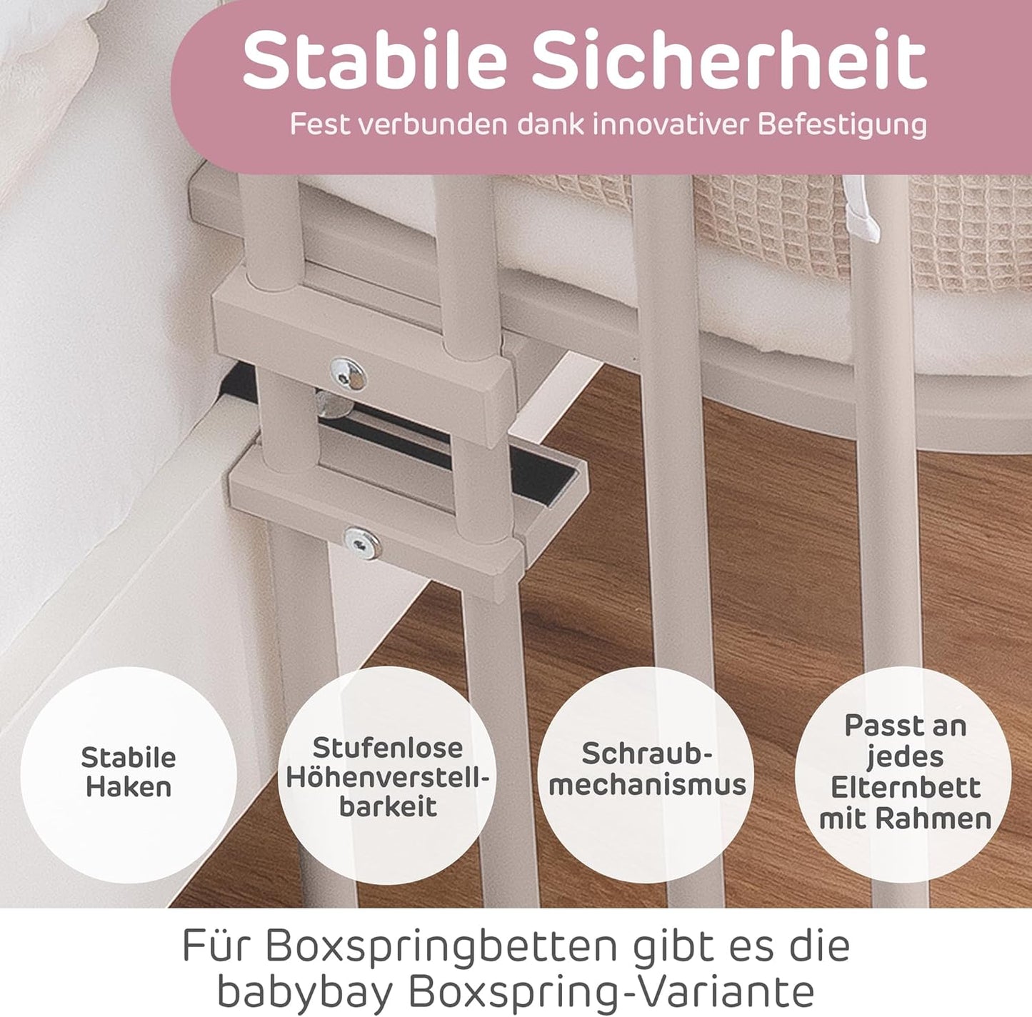 Höhenverstellbares Beistellbett mit Matratze, Beige Lackiert / 87L x 46B x 79H cm / Mit Matratze
