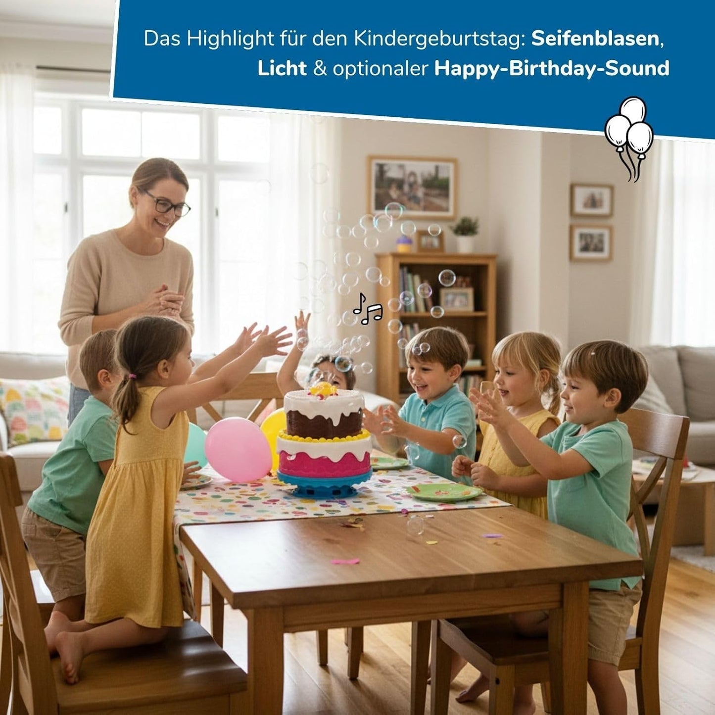 Seifenblasenmaschine mit Nachfüllflasche, Seifenblasenmaschine Torte + Nachfüllkanister