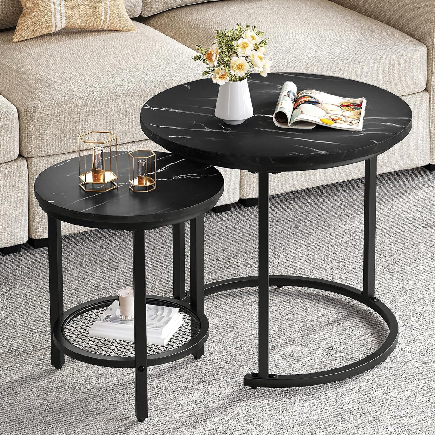 Rundes Couchtisch Set, Schwarz Mit Eisengitter