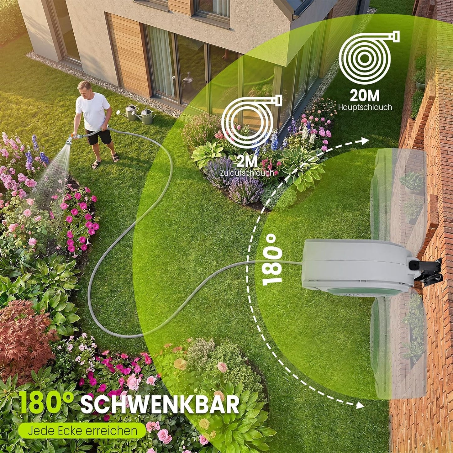 Schwenkbare Schlauchtrommel mit Brause, 20M