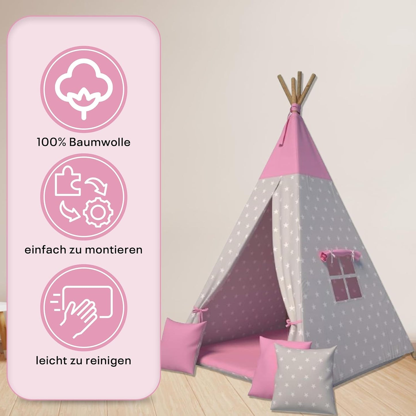Tipi-Spielzelt für Kinder mit Kissen, Sterne Rosa