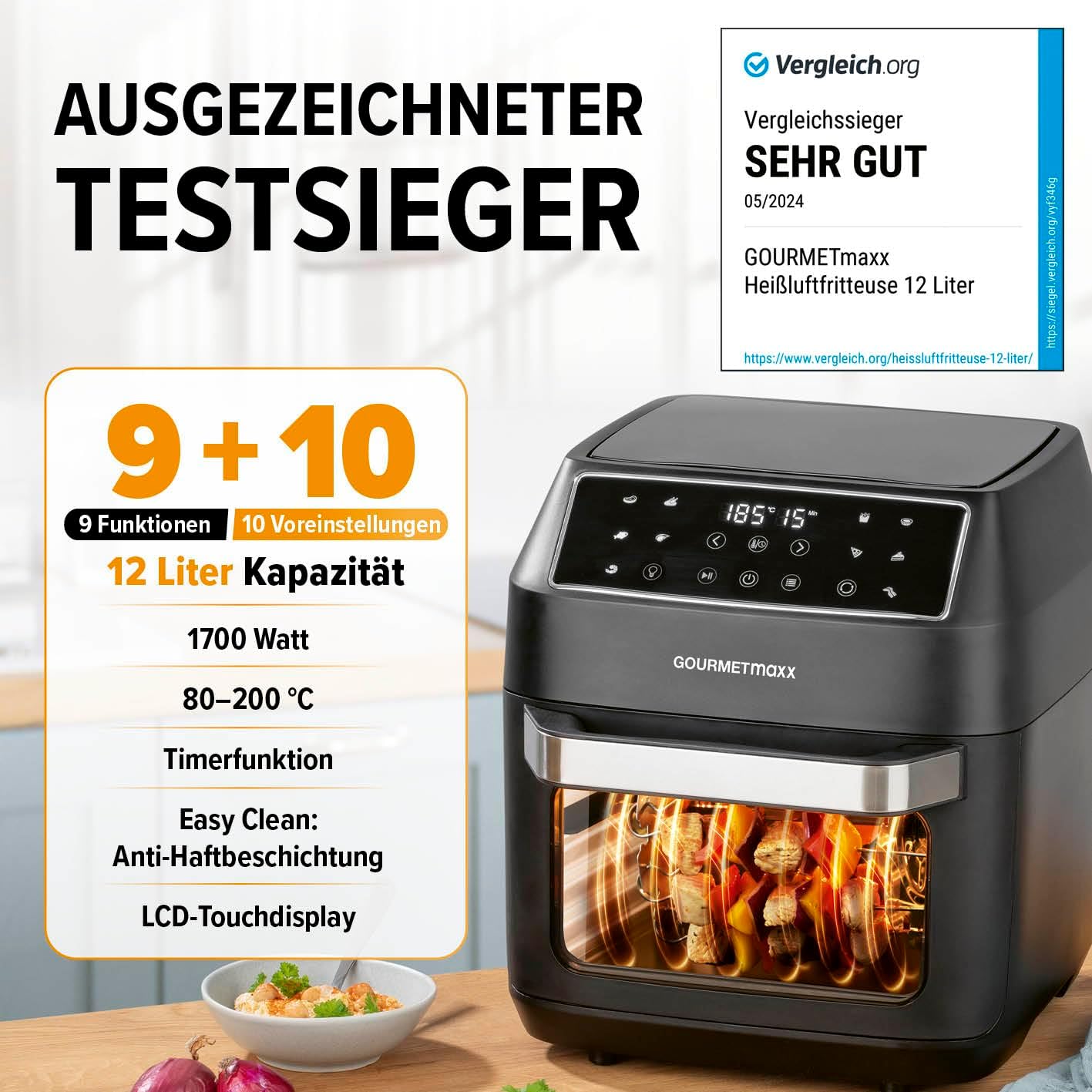 Heissluftfritteuse mit 10 Funktionen und Zubehörset, Mattschwarz 12 Liter