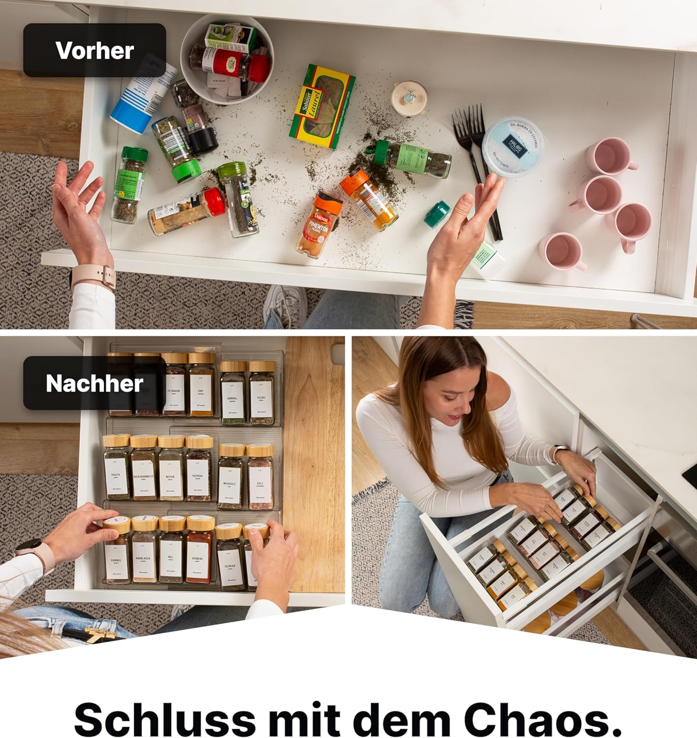 Gewürzgläser-Set mit Schubladeneinsatz, 24 Stk, ausziehbar, Transparent, Deckel Bambus