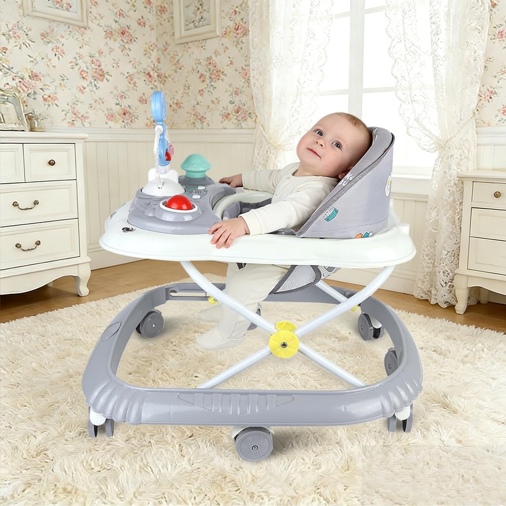 Höhenverstellbarer Lauflernwagen mit Musikfunktion, 67*72*92cm-Grau.
