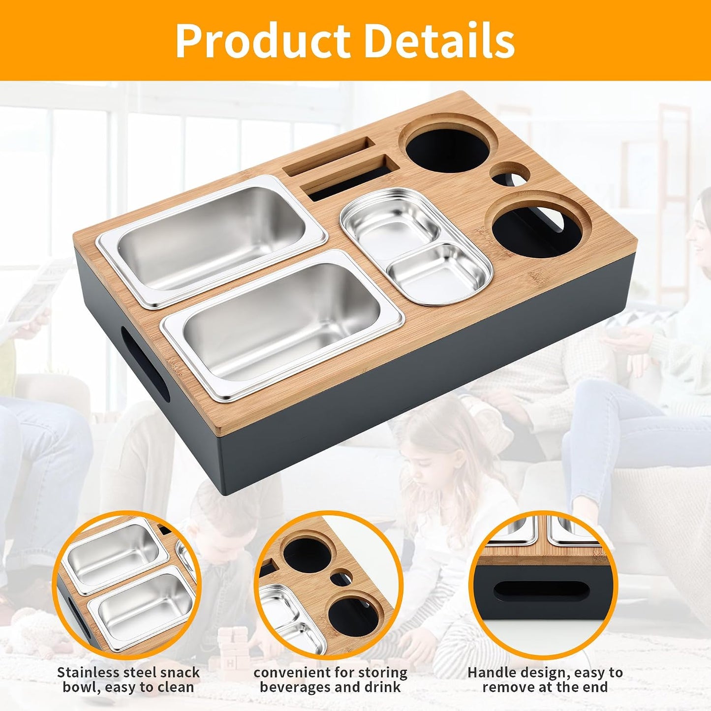 Snackbox mit Edelstahl-Schalen für Sofa & Picknick, Grau