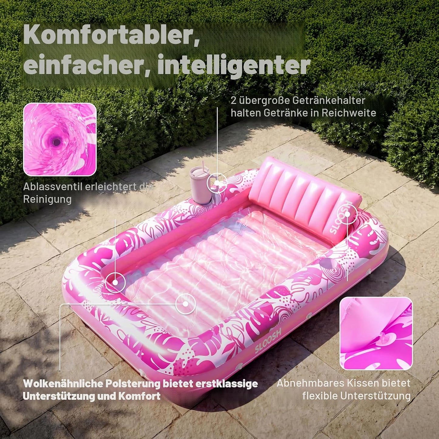 Aufblasbarer 4-in-1 Sonnenliegepool mit Kissen und Getränkehalter, Rosa L