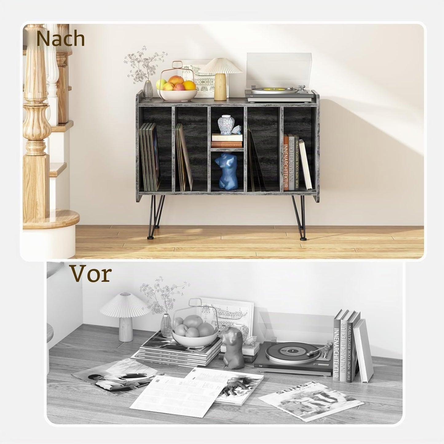 Plattenspielerständer mit Schallplattenregal, Grau