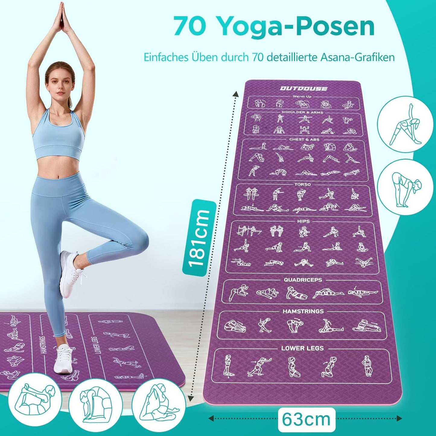 Rutschfeste Yogamatte mit 70 Yoga-Posen, Pink-Lila mit 70 Posen 183x61x0.6cm