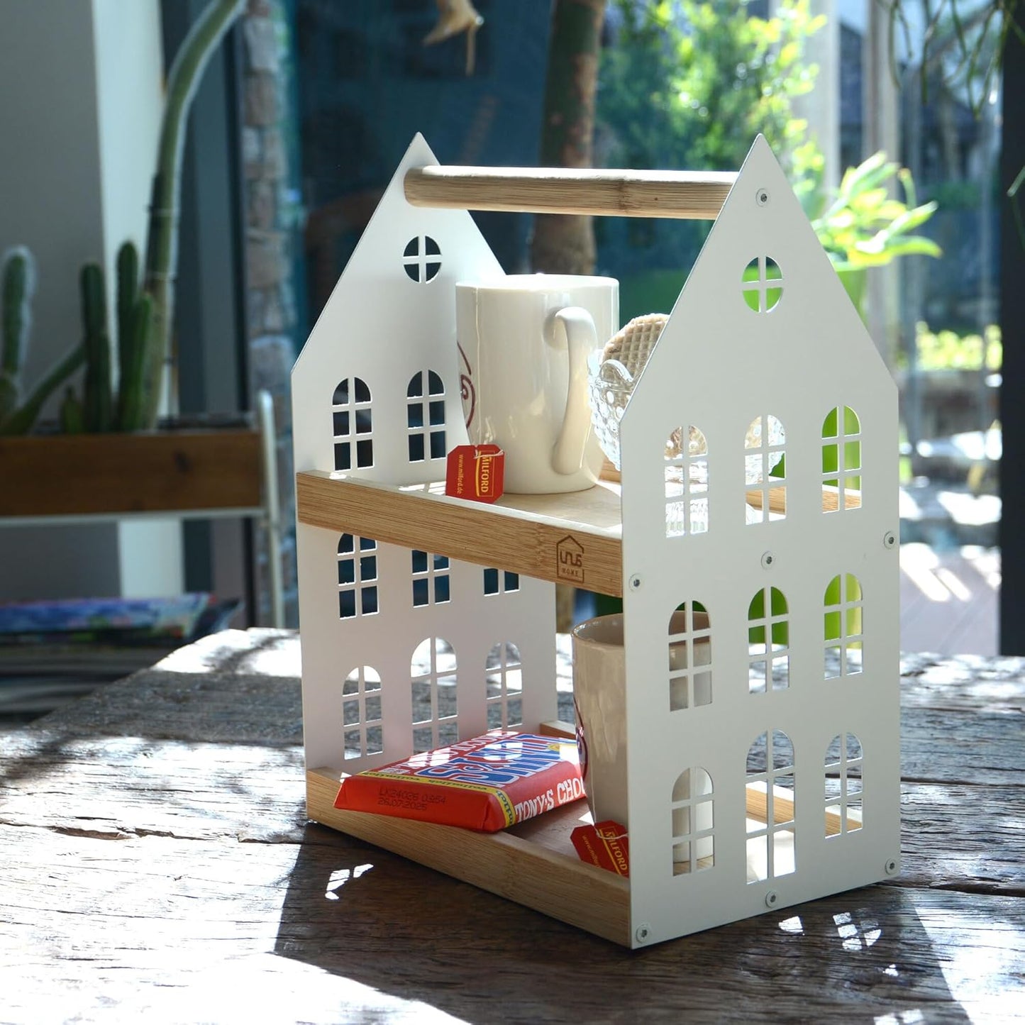 Haus Etagere mit 2 Etagen und Griff, Weiß Klein