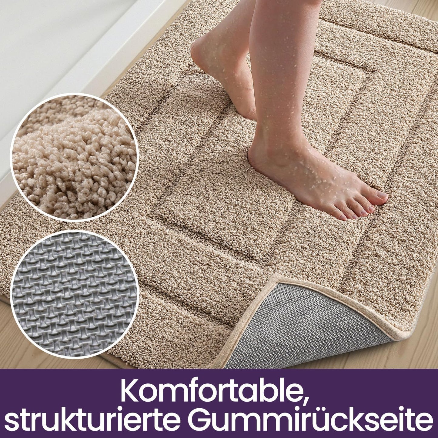 Saugfähige Badematte, rutschfest und maschinenwaschbar, 60 x 110 cm (Rechteckig) Beige