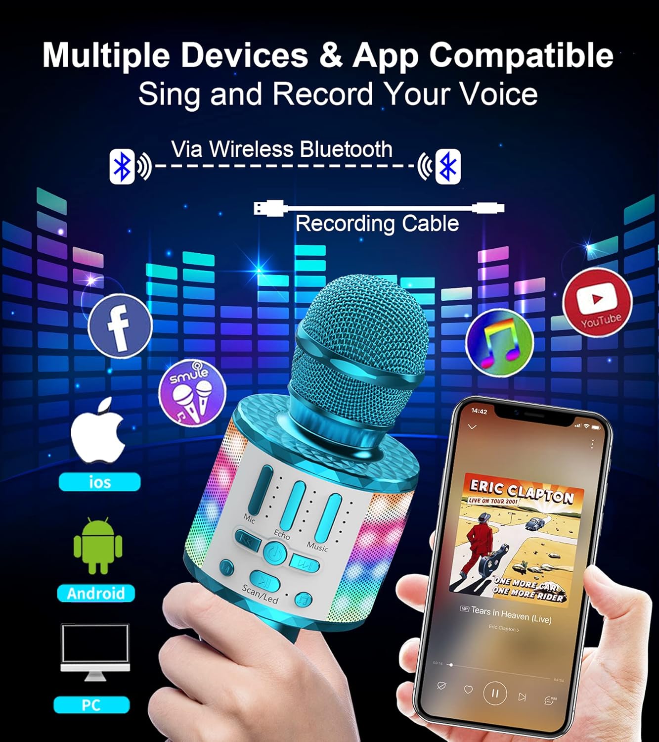 Karaoke-Mikrofon mit Bluetooth und LED Lichtern, MC18-Blau