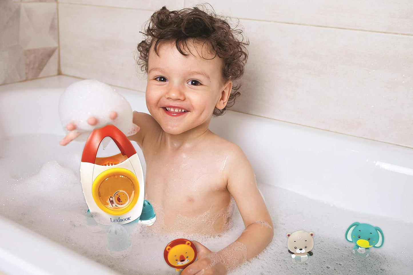 Space rocket bath toy set with 3 squeezable animals, Rakete