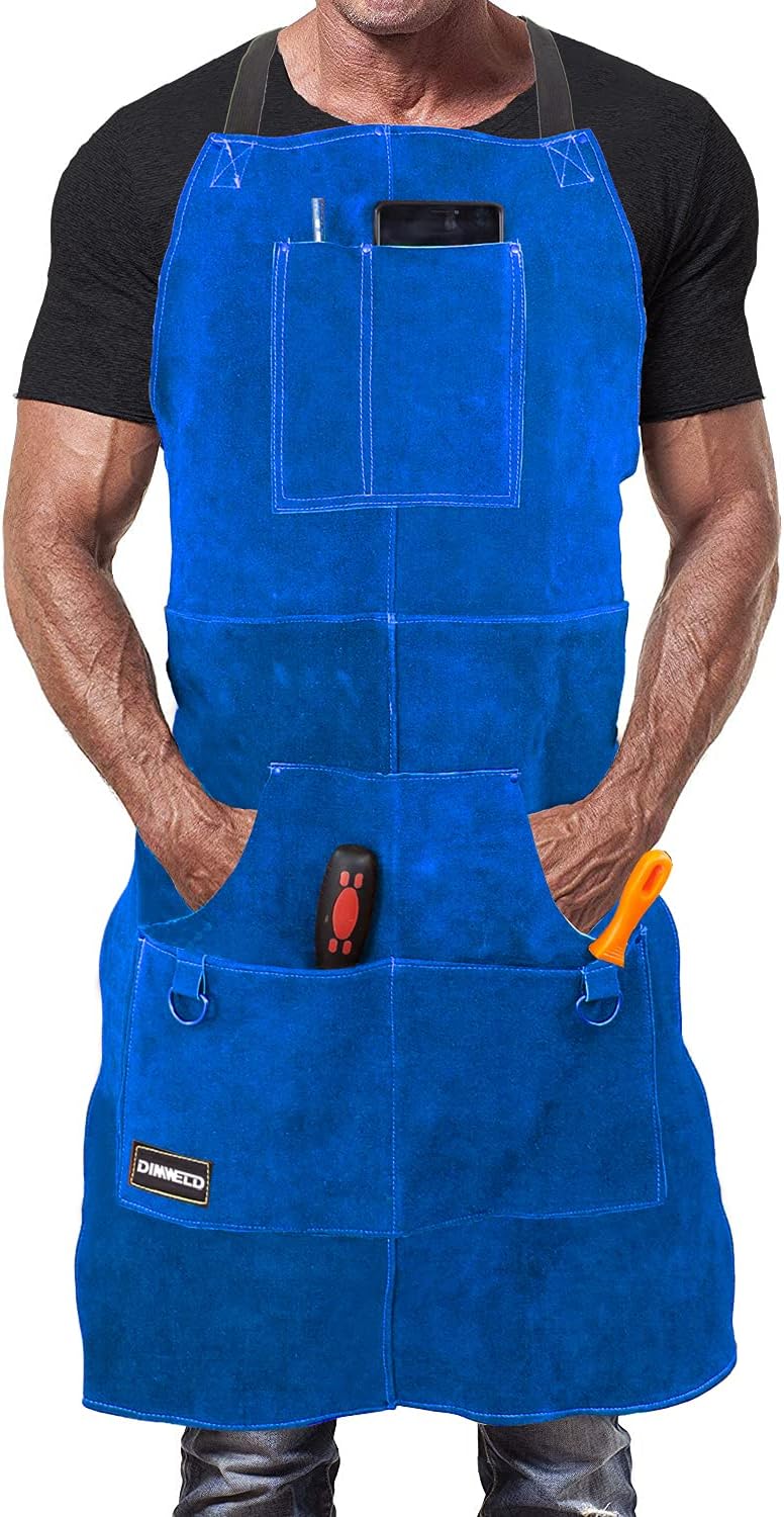 Schweisserschürze aus Leder mit Werkzeugtaschen, Blau