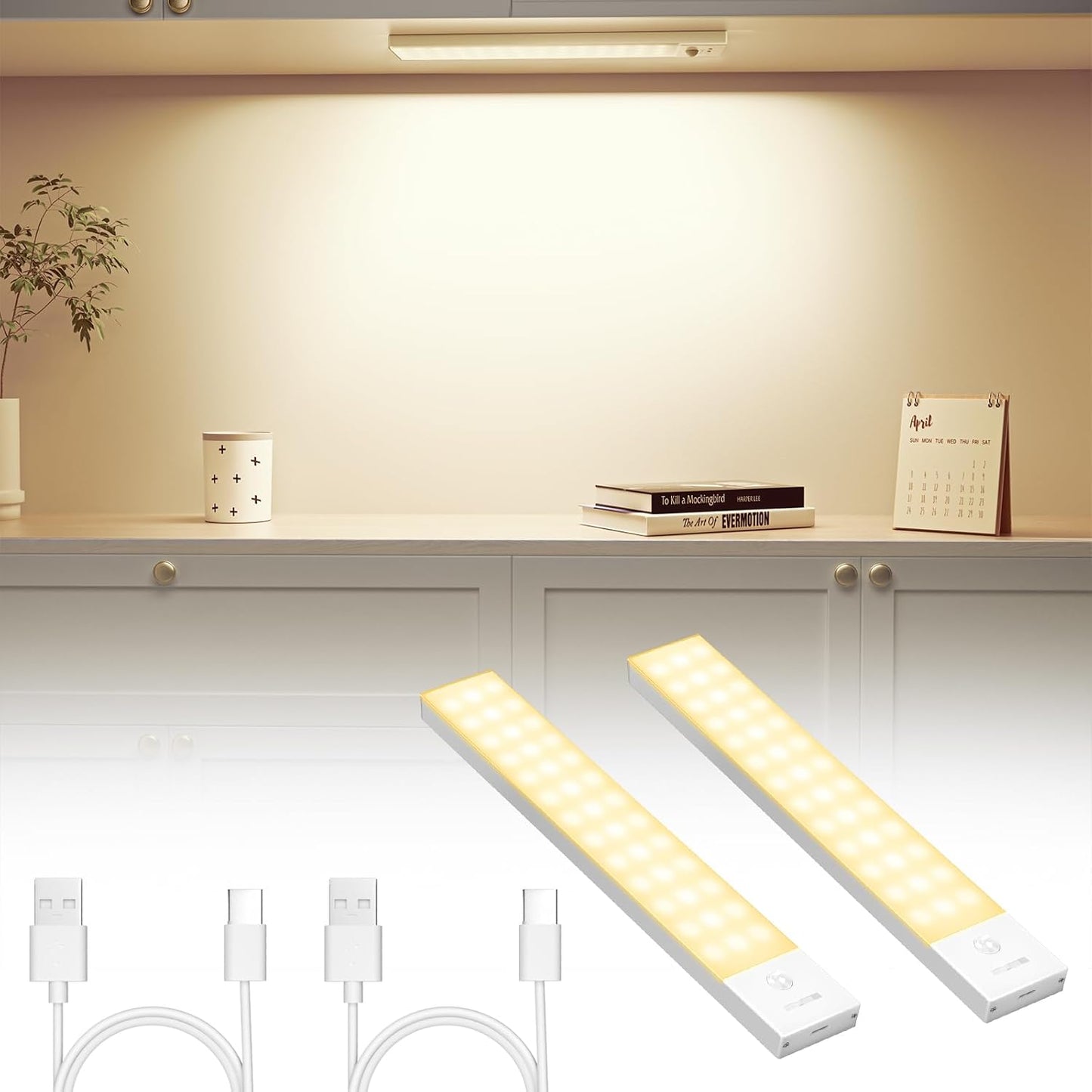 2er-Set LED-Schrankbeleuchtung mit Bewegungsmelder, Warmweiß 3000k 23CM - 2 Stück