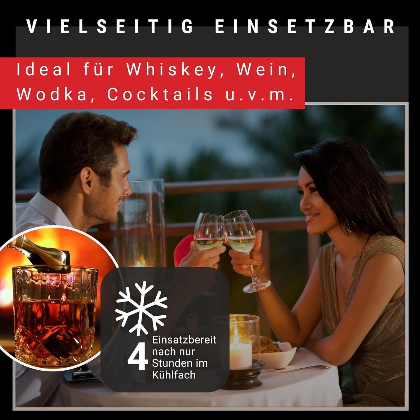 Whisky-Steine Set, 4 Kühlsteine + Zange + 1 Glas + Untersetzer