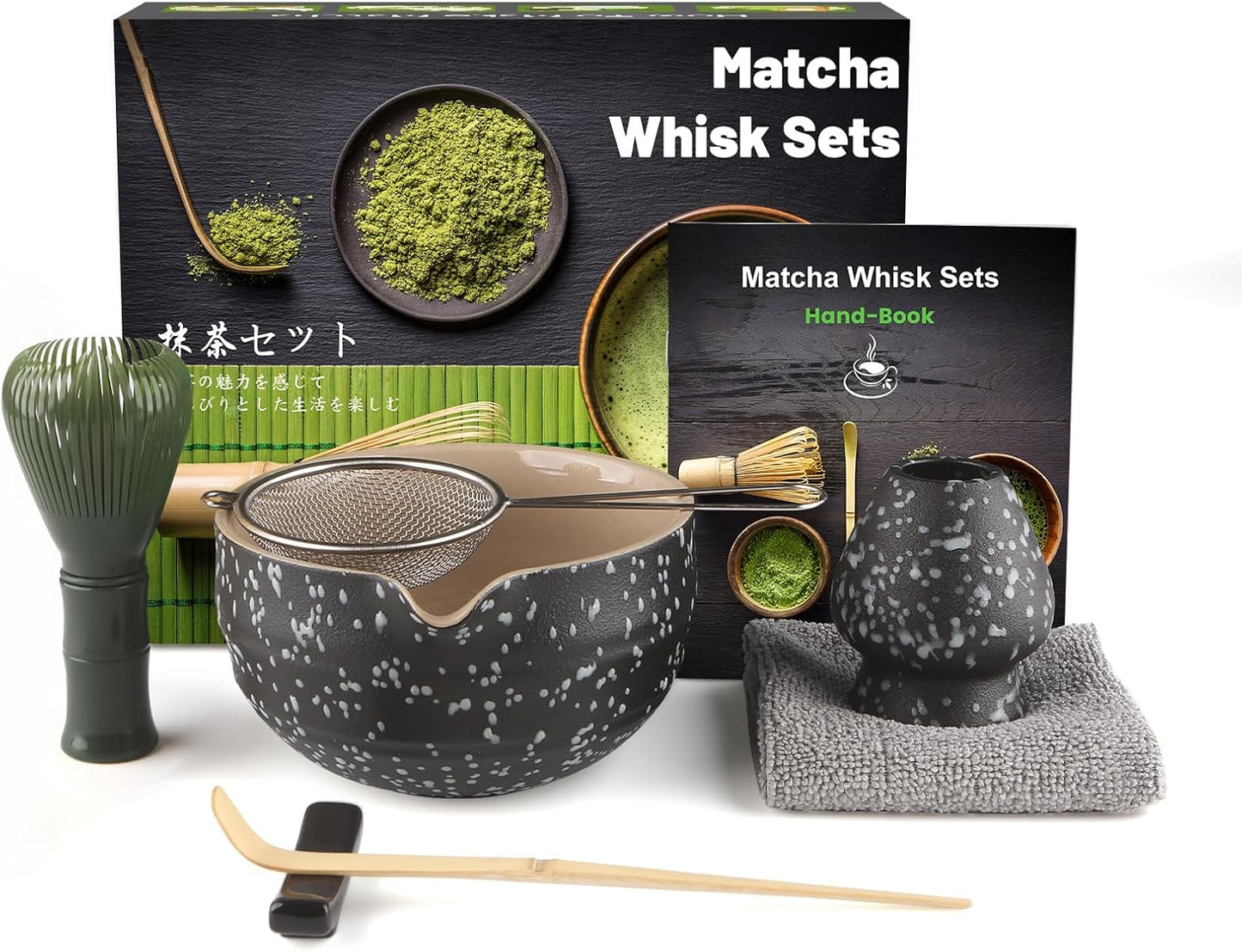 7-teiliges Matcha-Set, Spitzauslauf, Schwarz Gesprenkelt Harz – Grün