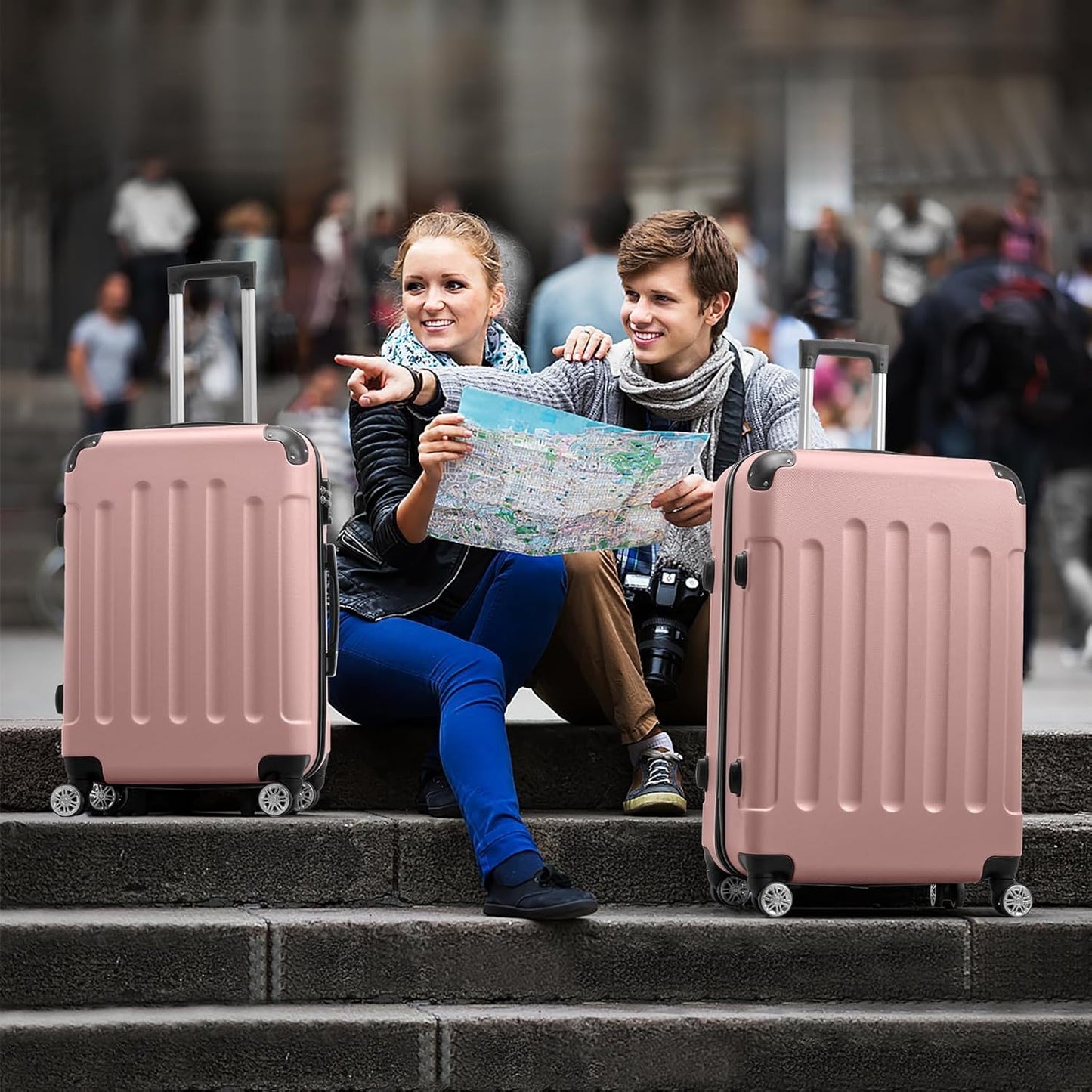 Kofferset mit Rollen und Zahlenschloss (3-teilig), Kofferset 3tlg(Mit Eckenschutz) Rosegold