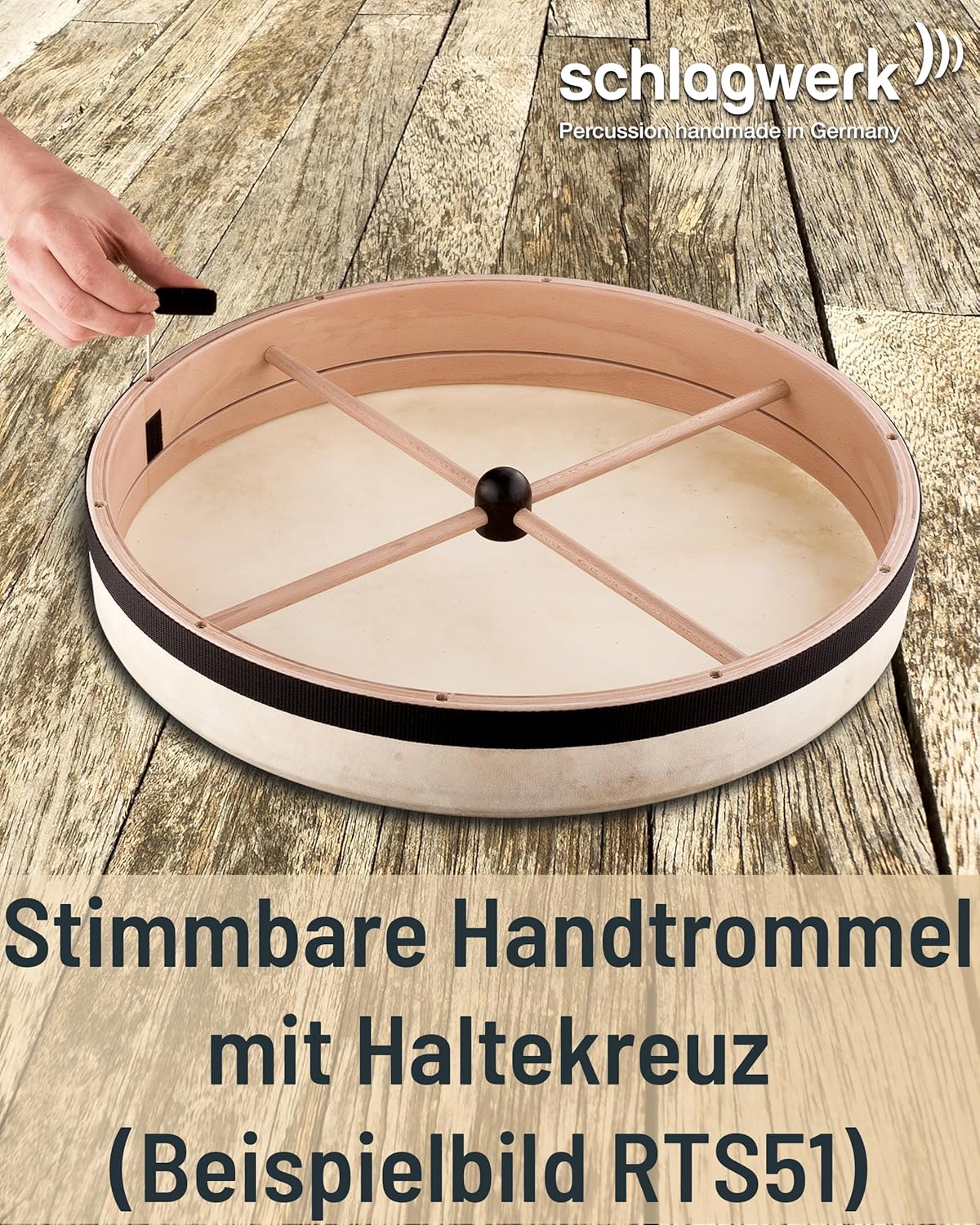 Handtrommel mit Haltekreuz, 50 centimeter stimmbar mit Kreuzrahmen