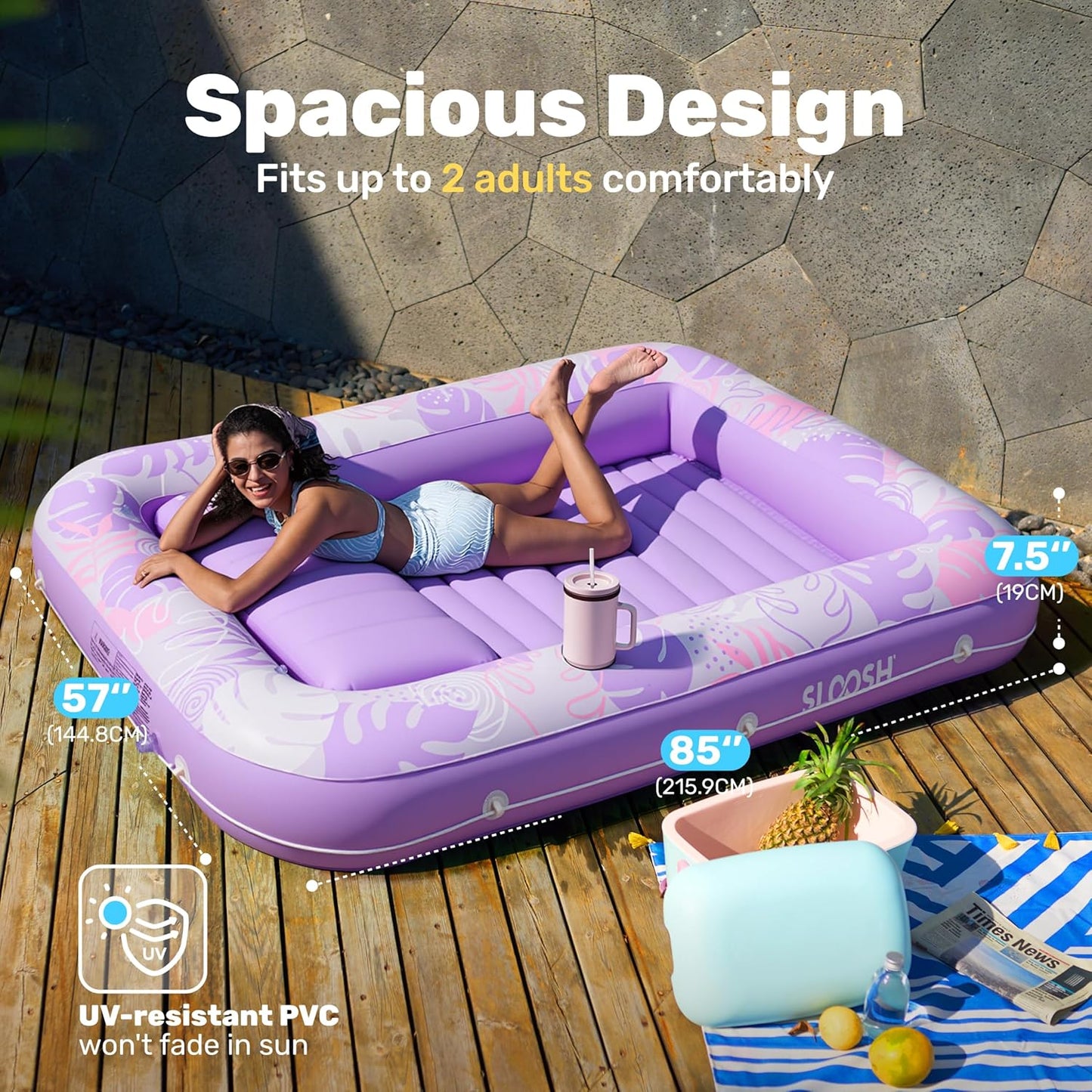Aufblasbarer 4-in-1 Sonnenliegepool mit Kissen und Getränkehalter, Lila Tropen XL