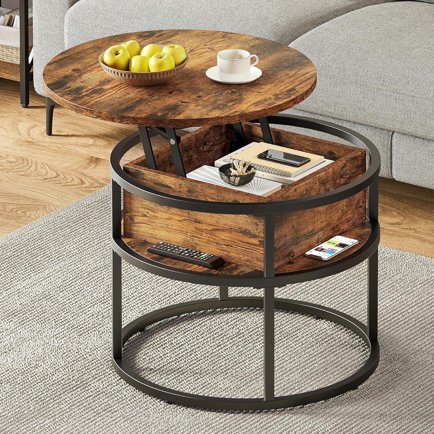 Runder Couchtisch mit Hebeplatte und Stauraum, 60X60X47CM Rustikales Braun